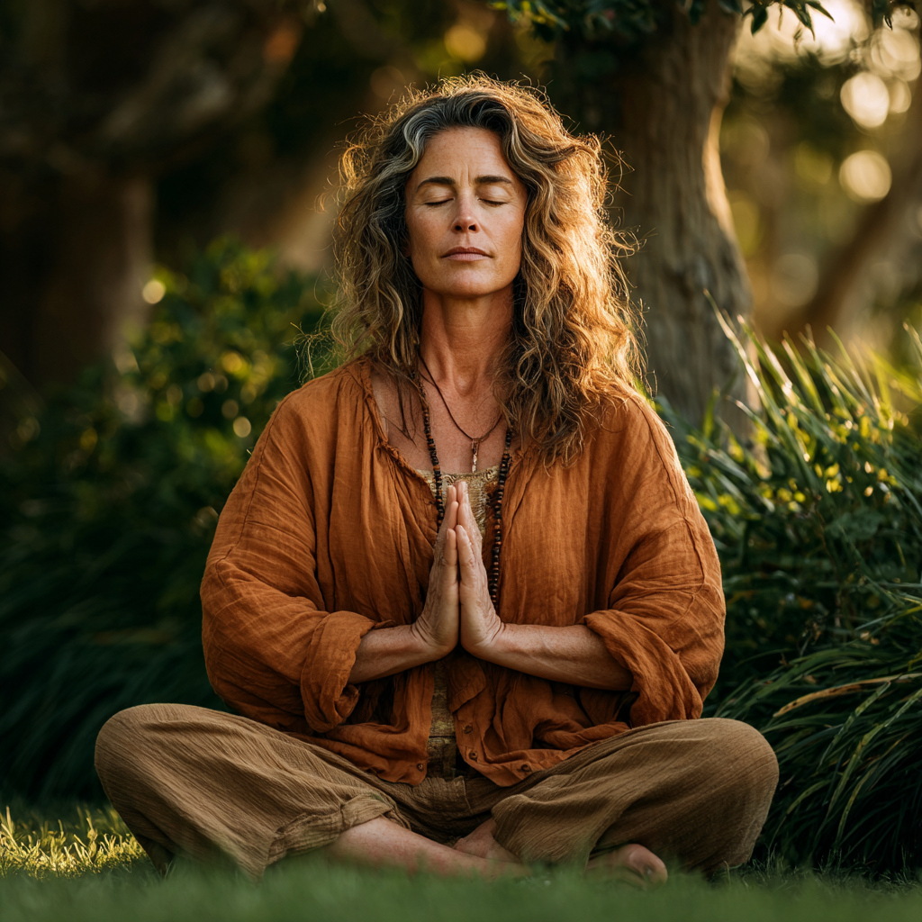 Serene woman in her forties practicing yoga meditation in a peaceful garden setting, sitting cross-legged with eyes closed and hands in prayer position, wearing comfortable earth-toned clothing, surrounded by lush greenery and natural light filtering through trees